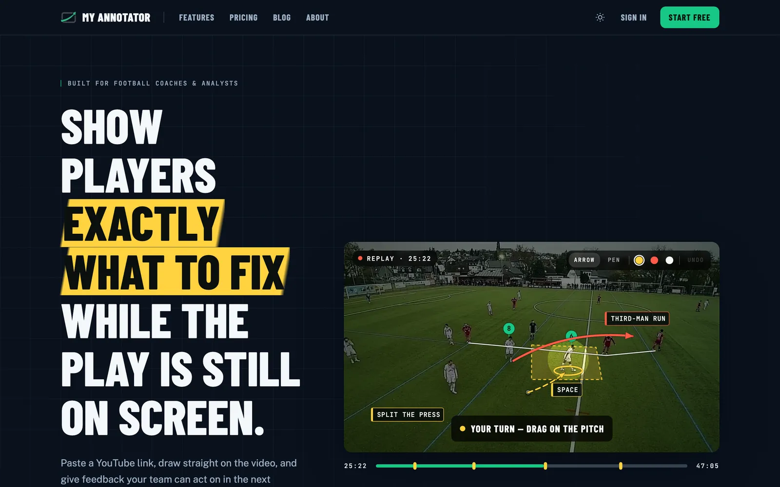 My Annotator landing page with annotated amateur match footage