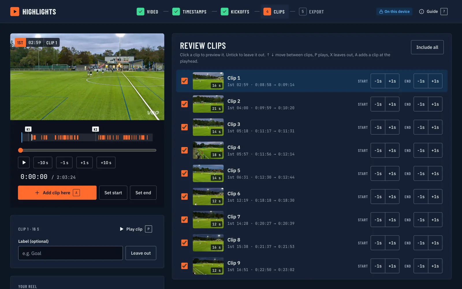 Highlights clip review: 65 clips from a real match with thumbnails, start and end controls and a timeline
