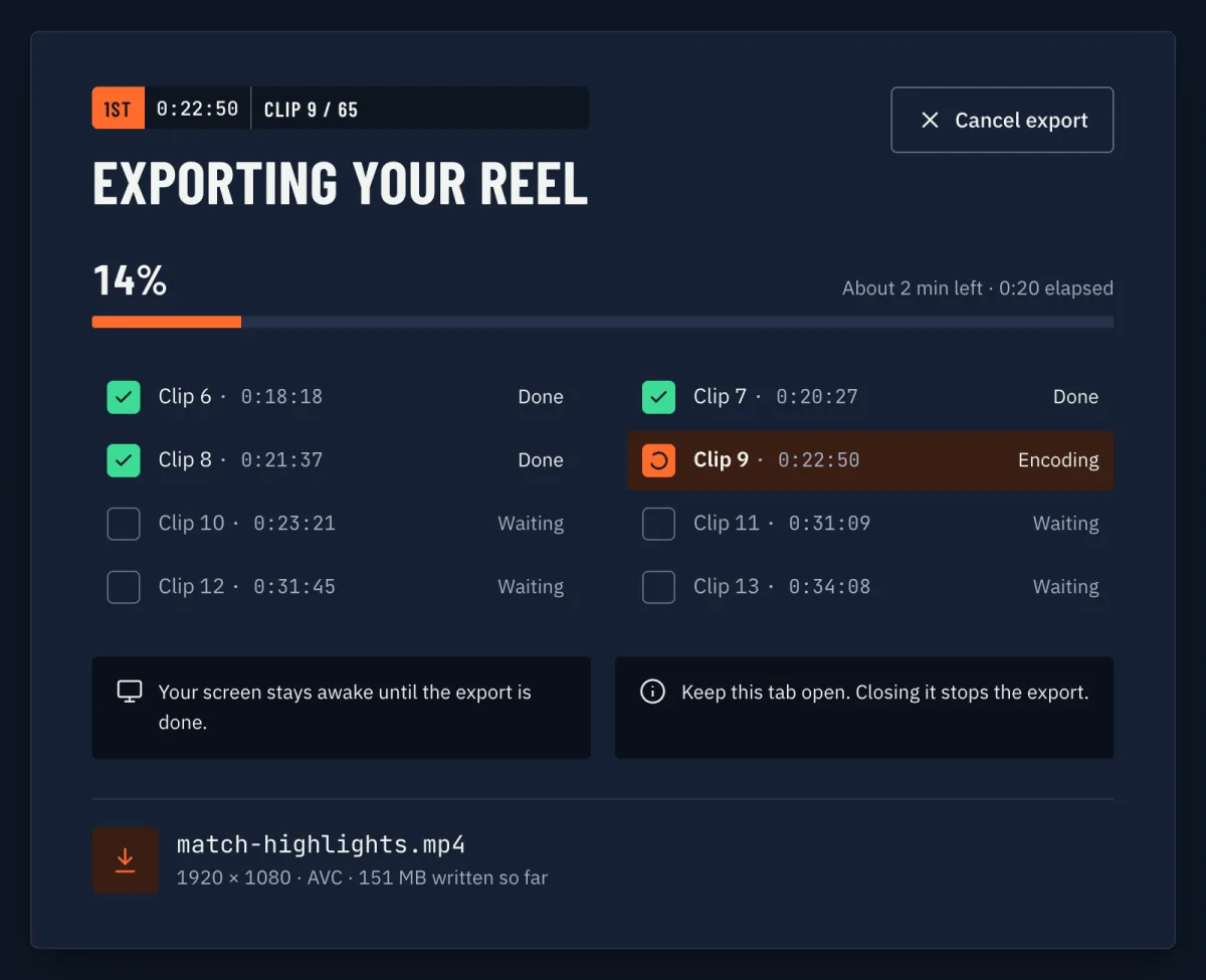 Highlights exporting the reel: progress, time left and each clip's status