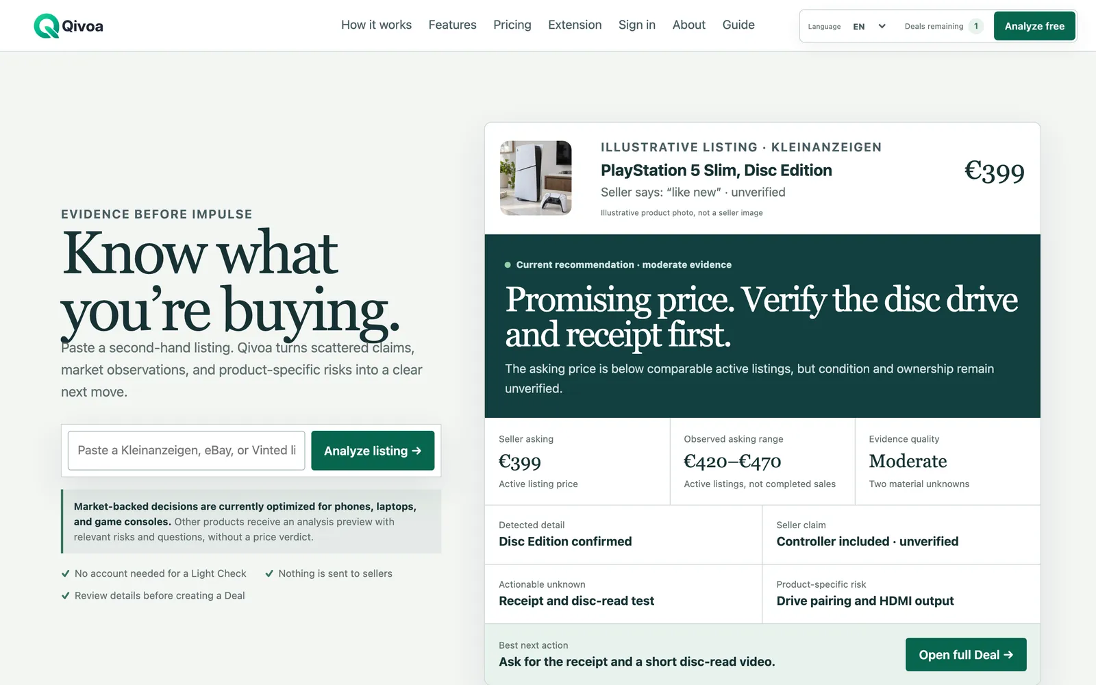Qivoa homepage with a deal recommendation for a used console