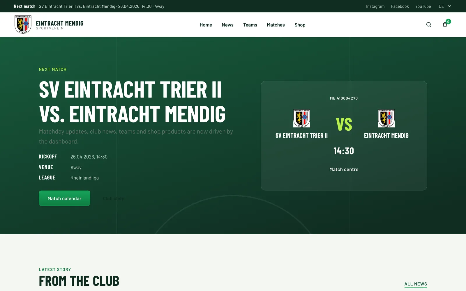 SVE Mendig club website, built on the ClubSiteKit template